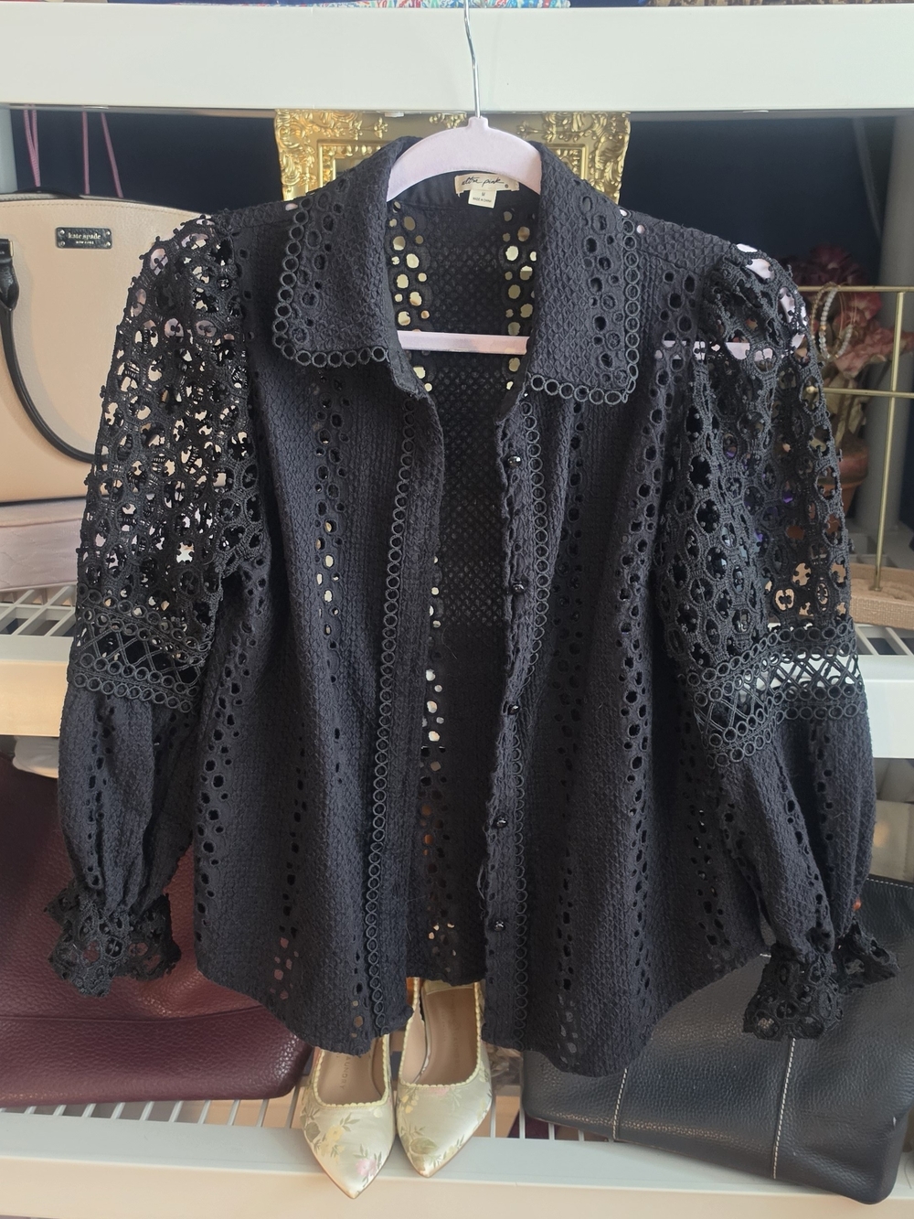 Ultra Pink Black Eyelet Lace Button-Front Blouse